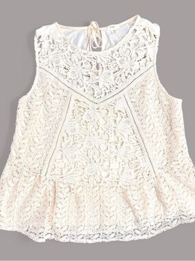 Anthropologie Tiny Lace Peplum Tank Ivory Crochet Boho Tie Back Top Medium